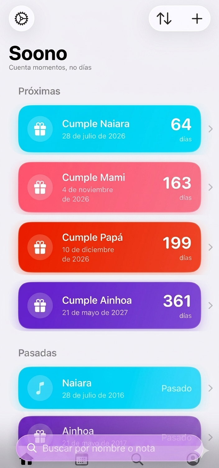 Soono — pantalla principal en iOS